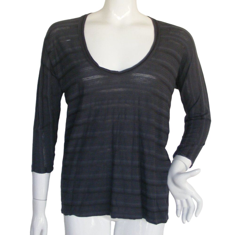 James Perse Black Top, 2/L, Stripes, Scoop neck, 3/4 sleeves, Lightweight
